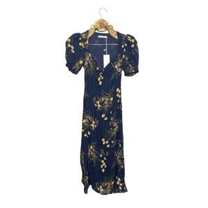 Reformation Luciana Dress Navy Floral Midi Puff Sleeve Corset Lace Up Back 0 NEW